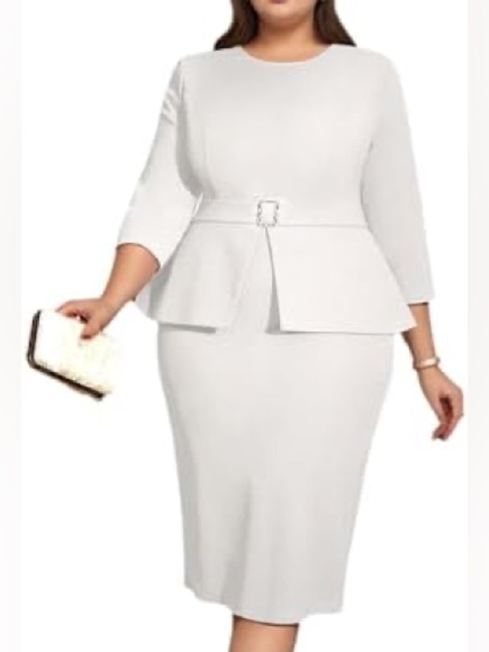 Plus-Size white/Cream Peplum Midi Dress with Gold colored Belted Waist